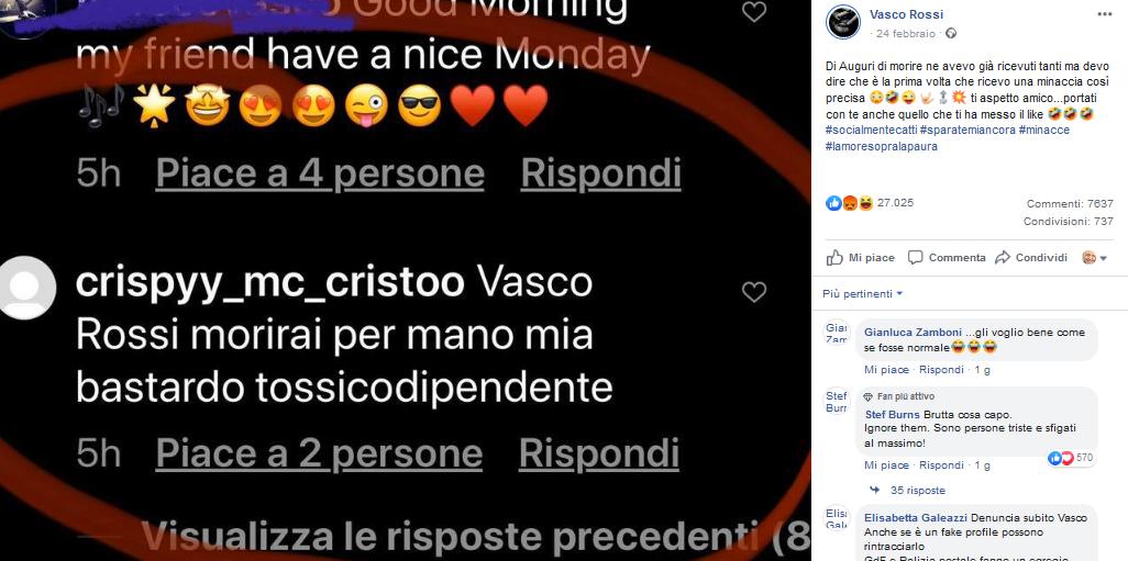 Vasco Rossi minacciato di morte sui social: "Ti aspetto amico..."