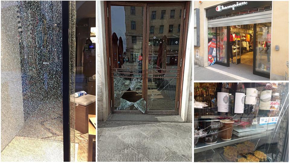 La vetrina infranta da Gallo Abbigliamento in Borgo Stretto, la porta sfondata da Bazeel in piazza Garibaldi, da Champion hanno forzato la saracinesca e il vetro scheggiato del bar Little Star Cafè in Corso Italia