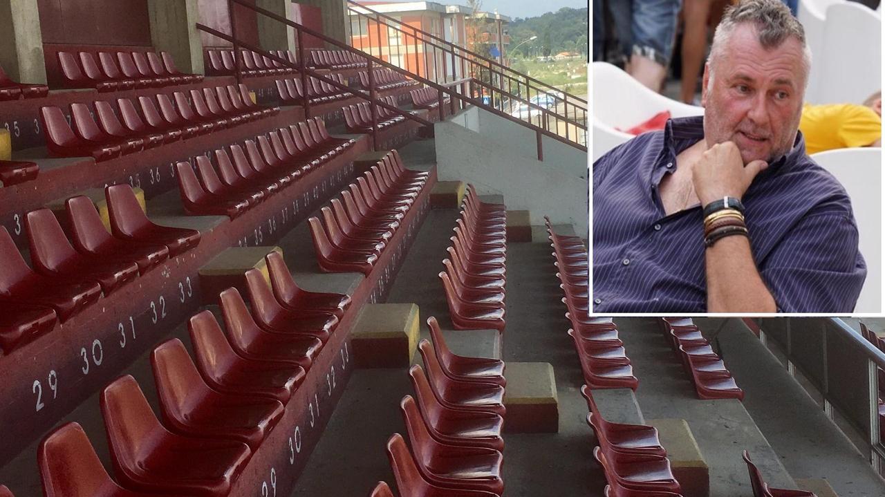 La tribuna dello stadio di Pontedera deserta e, nel riquadro, il giornalista del Tirreno Sergio Braccini