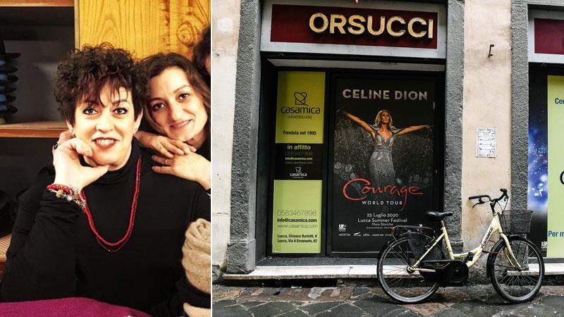 Elisabetta Santi con la cugina Alessandra. A destra il fondo dell’ex calzoleria Orsucci oggi (foto di Fiorenzo Sernacchioli)