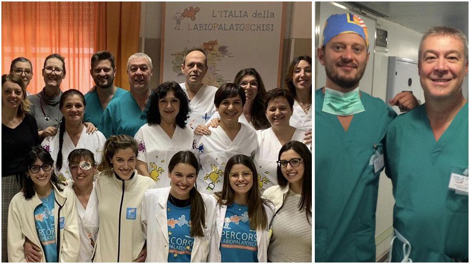 Tutta la “squadra” del Percorso labiopalatoschisi creato all’ospedale Santa Chiara di Pisa per risolvere i problemi di “labbro leporino”, a destra il dottor Gian Luca Gatti, responsabile del Percorso pisano: è insieme al collega Alessandro Giacomina con cui ogni anno partecipa a missione umanitarie all’estero