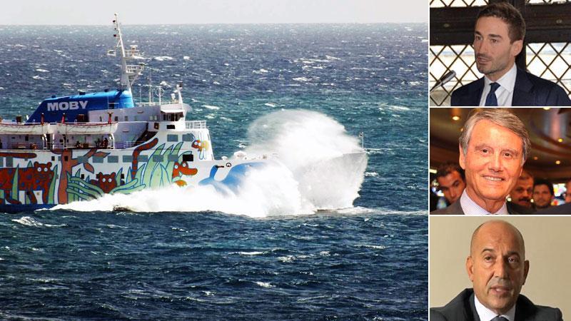 Da sinistra: Achille Onorato, Gianluigi Aponte e Manuel Grimaldi. In alto: un traghetto Moby in acque agitate