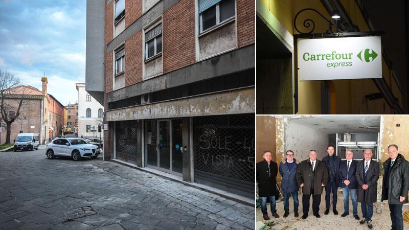 Sopra, i fondi di via Montebello dove aprirà Carrefour; in alto, l’insegna che comparirà sul punto vendita (Foto Bf); la visita ai fondi della giunta Vivarelli Colonna e dei vertici di Etruria