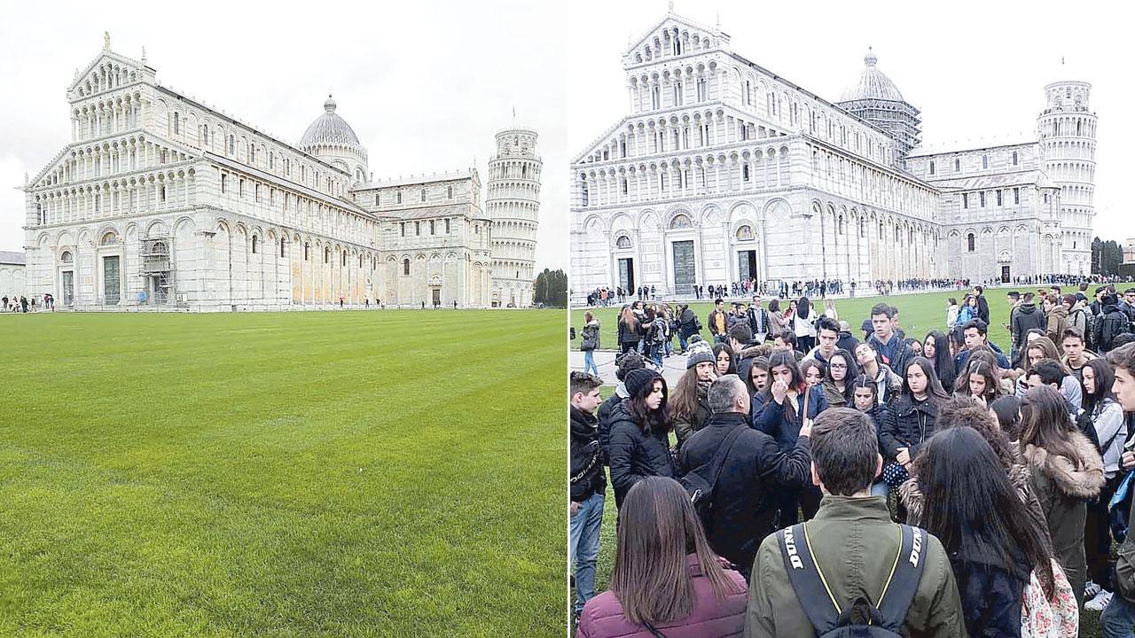 In alto a sinistra Piazza dei Miracoli quasi deserta nella tarda mattinata di lunedì 9 marzo. A destra studenti in Piazza dei Miracoli, in una foto di qualche anno fa, per il tradizionale rito della lucertola