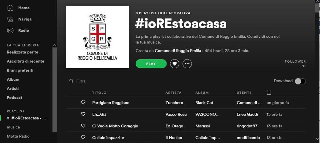 Coronavirus, il Comune di Reggio Emilia sbarca su Spotify con #ioREstoacasa
