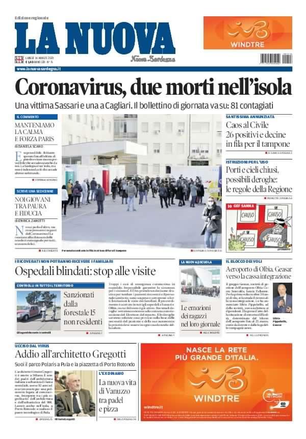 La Nuova Sardegna - Prima Pagina - 16 marzo 2020