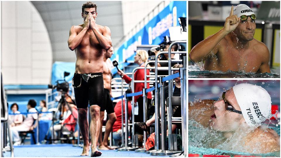 Il campione livornese Gabriele Detti ai campionati mondiali di nuoto a Gwangju in Corea, in alto Detti al termine di una gara, in basso Federico Turrini in azione