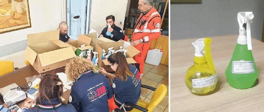 I volontari della Pubblica Assistenza di Cecina al lavoro per produtte il liquido igienizzante (a destra)