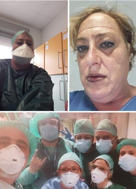 Tania Vaccai al lavoro e dopo uno degli estenuanti turni di questi giorni, dopo che si è tolta maschera e occhiali