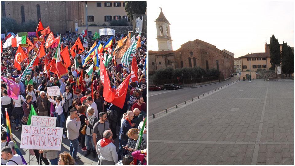 Piazza Santa Maria delle Carceri nel marzo 2019 e un anno dopo (foto Batavia)