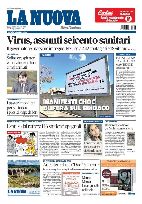 La Nuova Sardegna - Prima Pagina - 26 marzo 2020