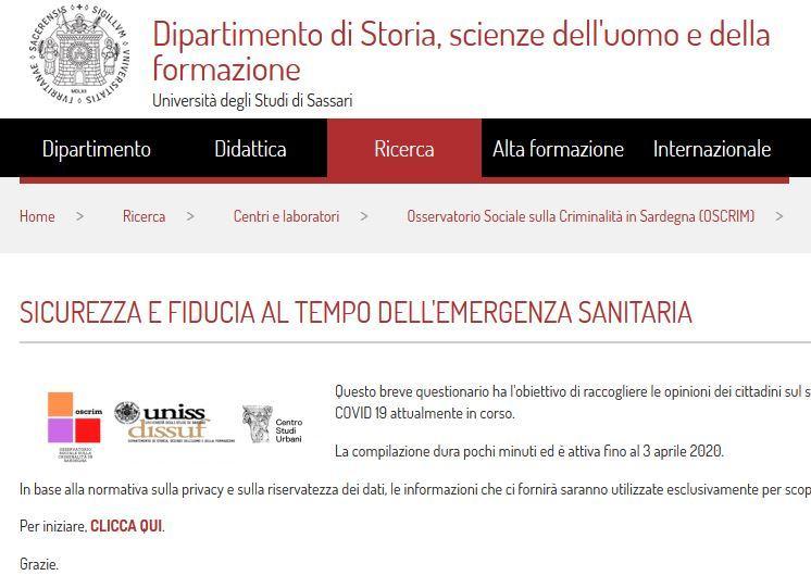 Sicurezza e fiducia al tempo del Covid19, un questionario da compilare per l'università di Sassari 