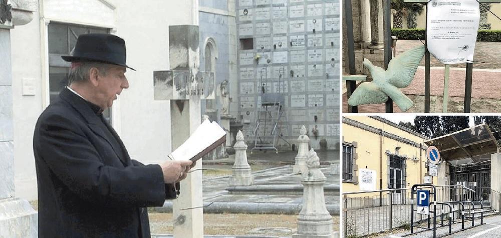 Foto grande: il vescovo Simone Giusti durante la preghiera nel camposanto della Purificazione (Granducato). A destra, in alto: l'avviso affisso dall'Arciconfraternita al cancello del cimitero della Misericordia a Barriera Roma, in basso: l'entrata del cimitero comunale dei Lupi (fotoservizio Marzi)