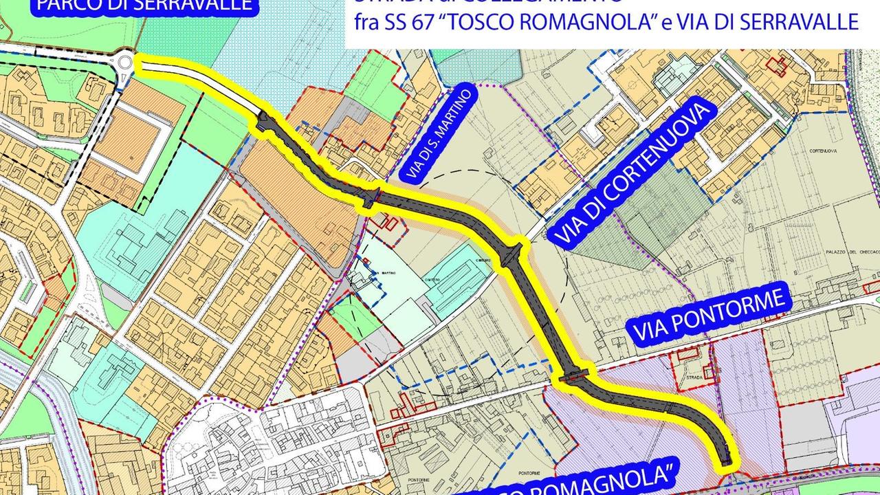 Il tracciato del nuovo collegamento fra la Statale 67 e il quartiere di Serravalle