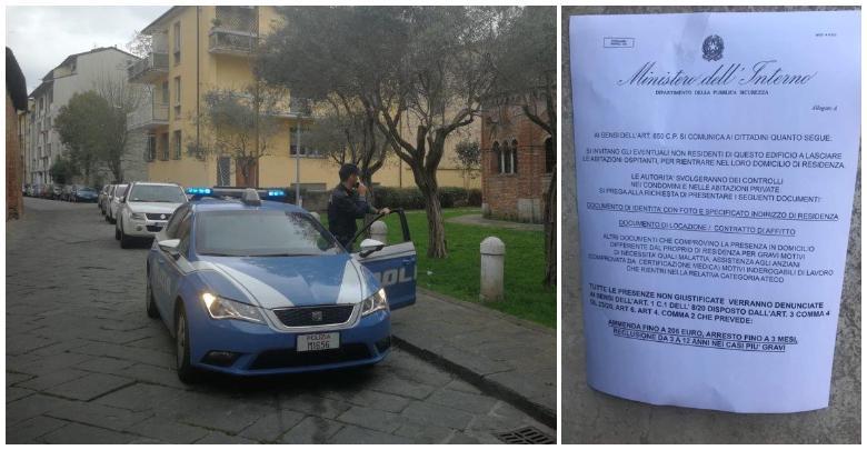 Una volante del 113 e, a destra, il falso volantino del ministero