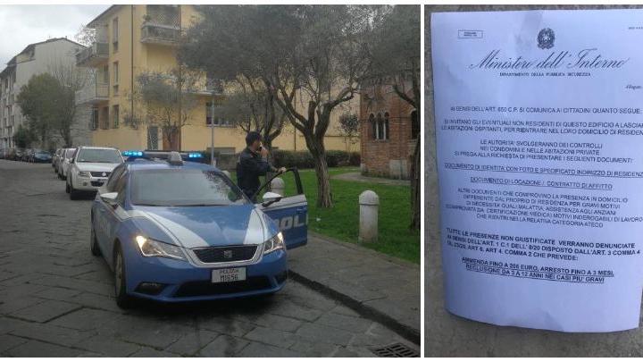 Una volante del 113 e, a destra, il falso volantino del ministero