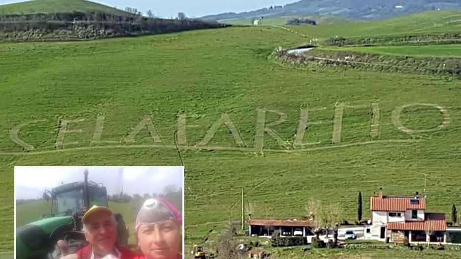 La scritta sulla collina a Prato d’Era; nel riquadro Santo Pergola con la moglie Mirella Stenta dell’agriturismo Santa Adriana