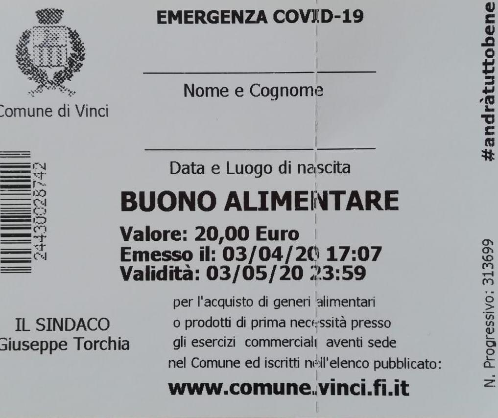 Il facsimile del buono spesa del Comune di Vinci