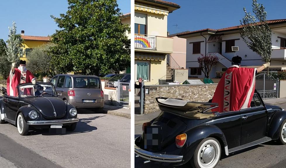 Due immagini di don Mario Brotini durante la benedizione delle case a San Donato di San Miniato