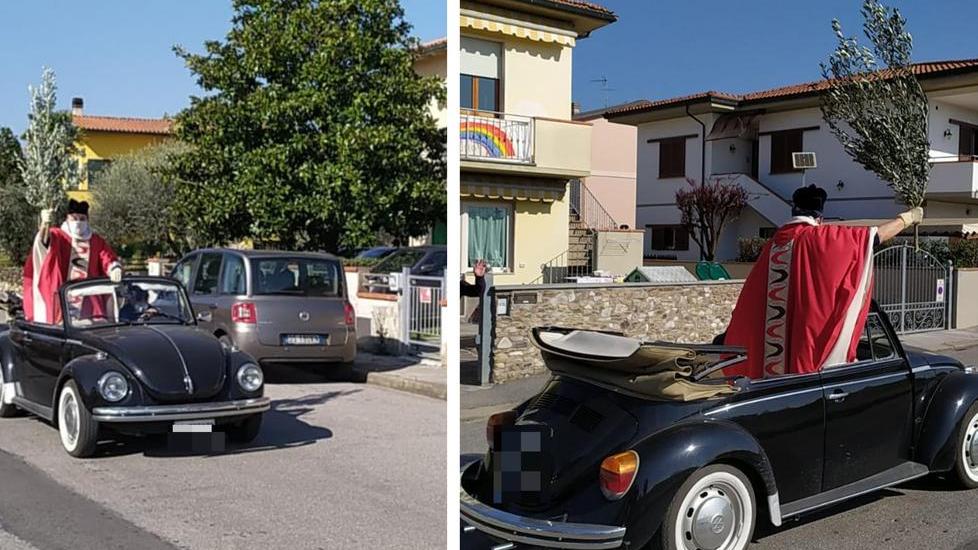 Due immagini di don Mario Brotini durante la benedizione delle case a San Donato di San Miniato