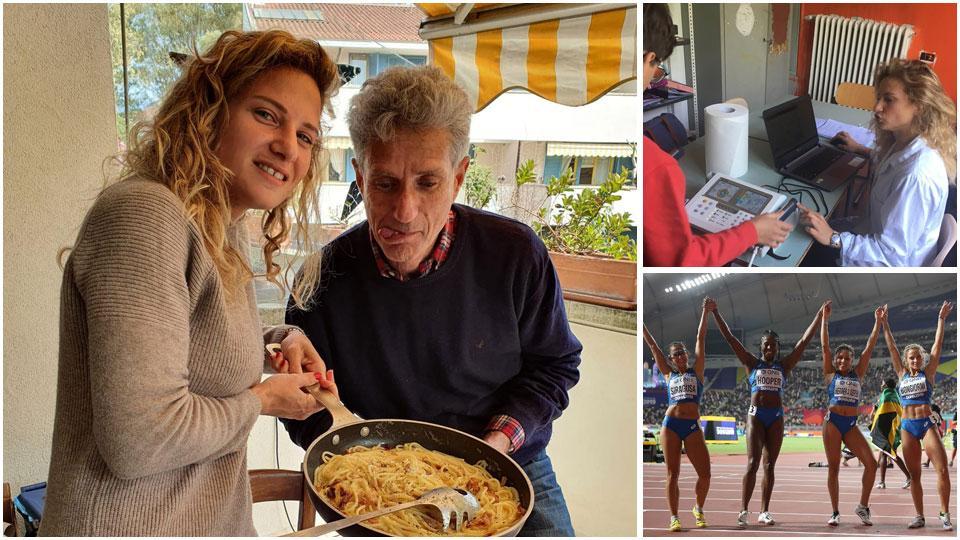 Anna Bongiorni in tre momenti: uno agonistico, uno professionale e l’altro familiare alle prese con gli spaghetti insieme al padre Giovanni