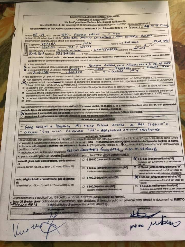 Il verbale da 900 euro elevato al tabaccaio di Puianello