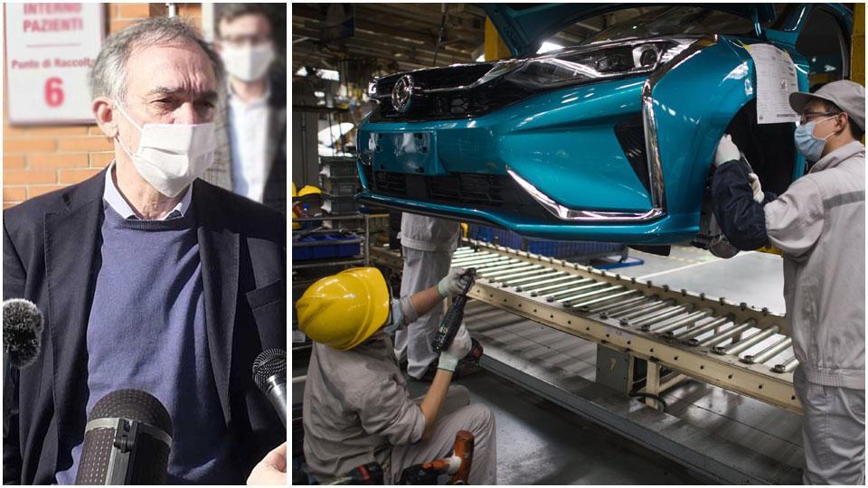 Enrico Rossi e operai in catena di montaggio con le mascherine