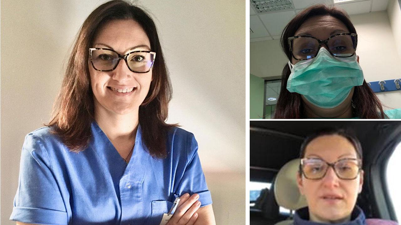 Noemi Renzi, la dottoressa aretina che lavora alla Medicina di urgenza del Noa di Massa, un altro primo piano della giovane sanitaria in camice e mascherina
e nella foto sotto, in un’ immagine tratta dal video che ha postato su YouTube