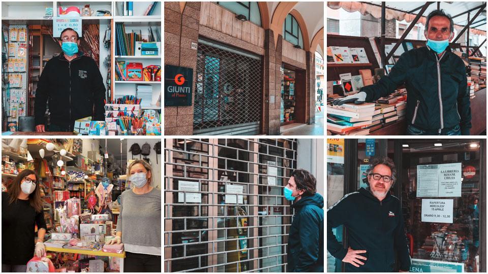 Pier Luigi Bartolozzi nella sua cartoleria di via E. Rossi, la libreria Giunti in piazza Grande chiusa ieri mattina, Pasquale Giliberti, proprietario della bancarella-libreria, sotto i portici di in via Di Franco, Chiara Marzi e Jessica Bonatti nel loro negozio, la libreria Feltrinelli in via Di Franco ancora chiusa, ma all’interno si lavora, prove di riapertura per Matteo Rosati della libreria Mondadori in via Magenta (Fotoservizio Dario Marzi)