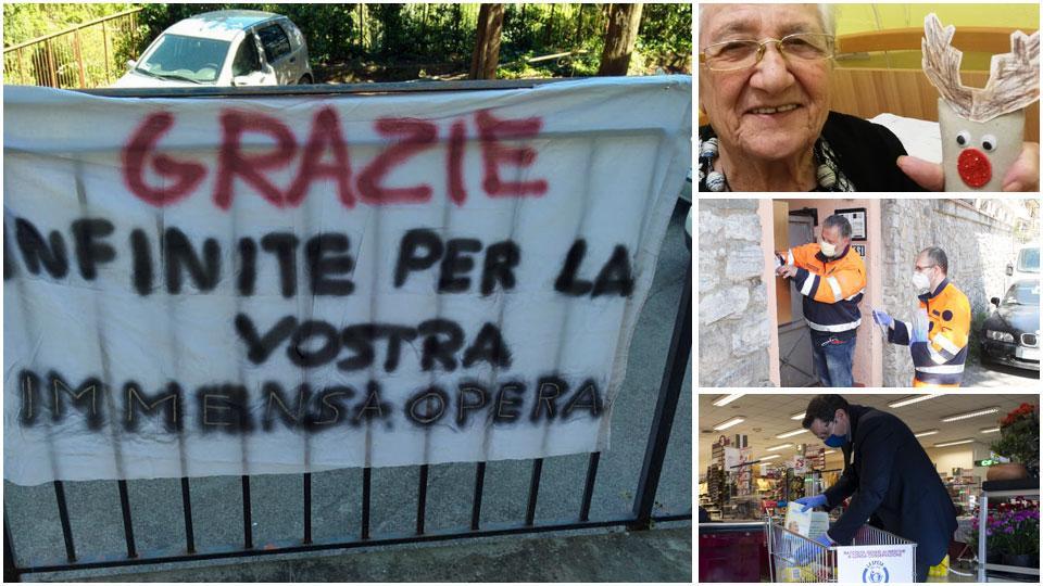 Lo striscione affisso sulla cancellata del San Domenico a Pescia da alcuni parenti per ringraziare il personale delle attenzioni e delle cure rivolte ai loro cari; Nunzia Faro, l’ospite della Rsa risultata negativa al tampone; consegna porta a porta delle mascherine; carrello per la “spesa sospesa” all’Esselunga