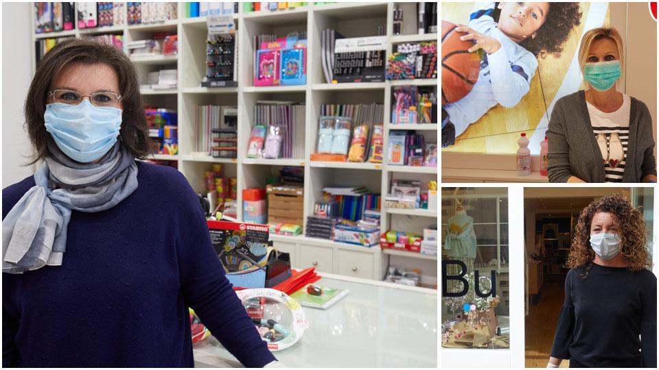Donatella Guerri all’interno del suo negozio Market Carta riaperto ieri, Lorella Chiaramonti del negozio Idexé, Francesca Nucci, titolare di The Bu
