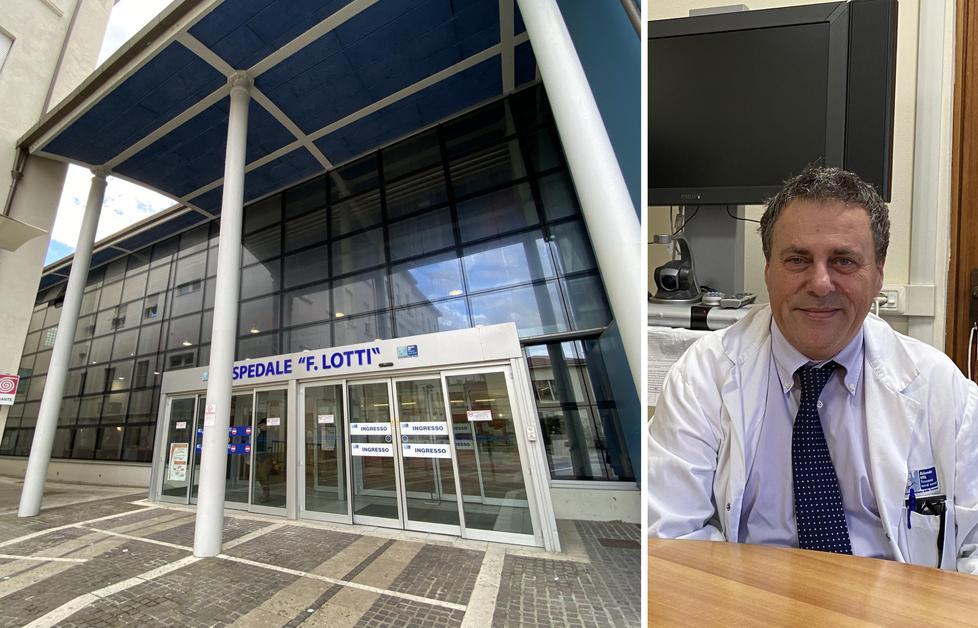 L’ingresso dell’ospedale Lotti e il dottor Luca Nardi