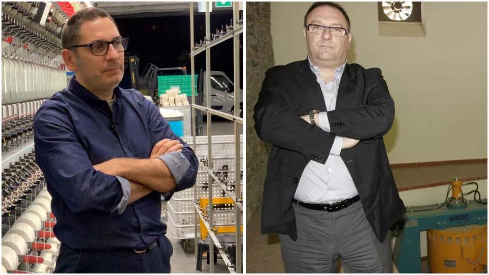 Moreno Vignolini, titolare dell’omonima ritorcitura di Caiano e presidente regionale di Federazione Moda Confartigianato e Riccardo Matteini del Gruppo Colle di Usella, all’interno della sua azienda
