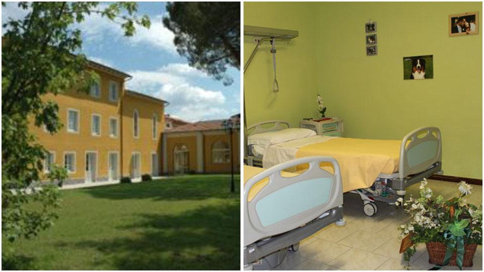 La facciata della Rsa La Perla di Lammari e una camera della Paoli Puccetti a Gallicano