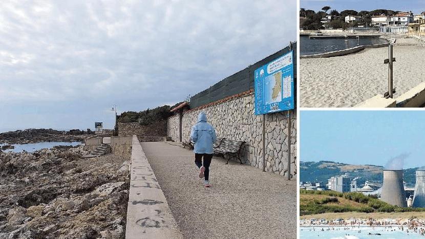 Il lungomare di Castiglioncello deserto (nella foto grande) e il litorale di Caletta. Nella foto in basso le Spiagge Bianche