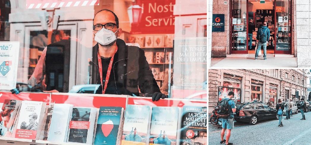 Andrea Berti, direttore della Feltrinelli, alla cassa dietro lo schermo di plexiglass. A destra, in alto, l'ingresso della libreria Giunti in piazza Grande e sotto la fila davanti alla Feltrinelli