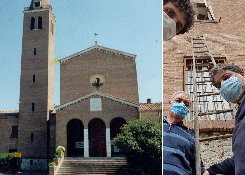 La chiesa del Cottolengo e, a destra, i tre sacerdoti davanti alla scala usata dal ladro
