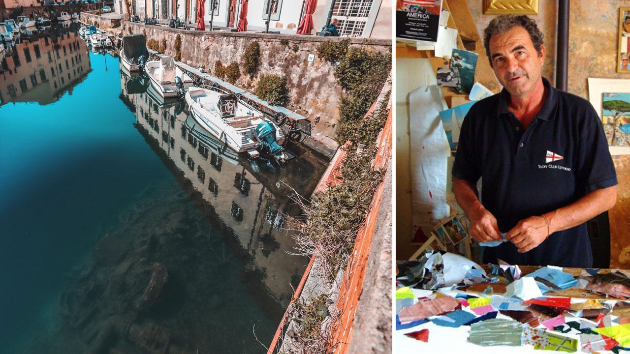 Una veduta dei Fossi tornati limpidi dove si intravedono alcuni relitti, l'artista Enrico Bacci