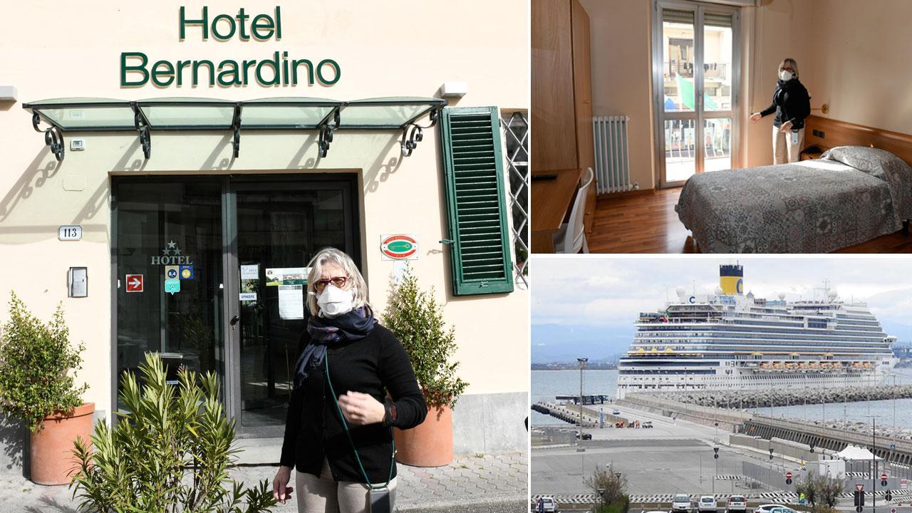 Manuela Clerici davanti all’hotel, una delle stanze dell’albergo e la nave da crociera Costa Diadema a Piombino