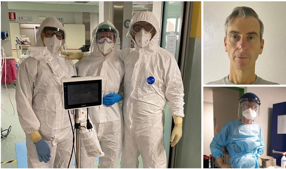 Il dottor Andrea Pescini, dirigente medico dell’unità operativa di Anestesia e Rianimazione Interdipartimentale, al lavoro a Cisanello e insieme a persone del suo staff