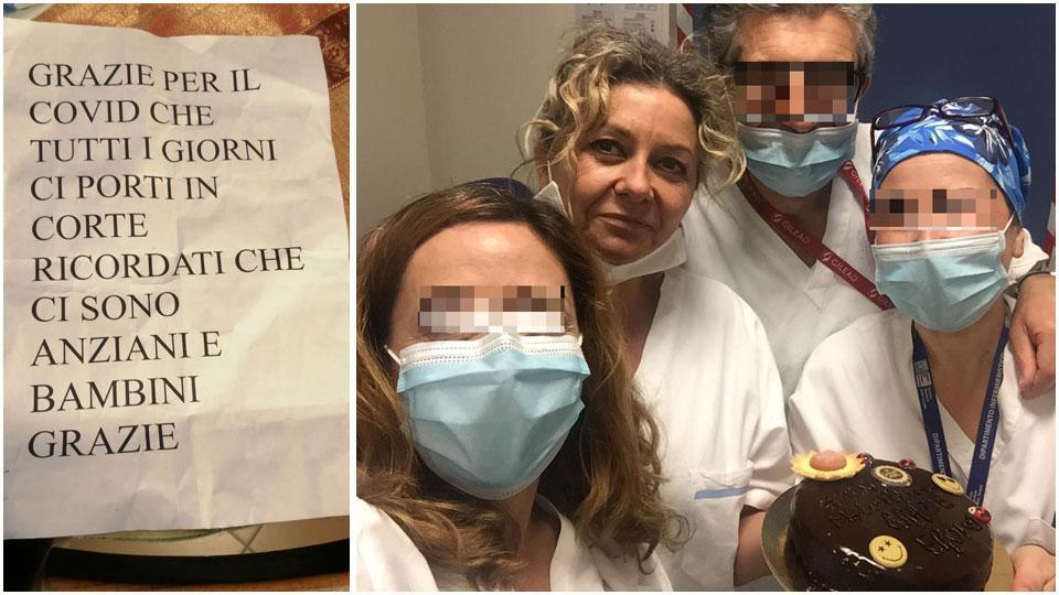 Il biglietto lasciato nella cassetta delle lettere da un vicino; a fianco Damiana Barsotti con i colleghi del reparto di Malattie infettive