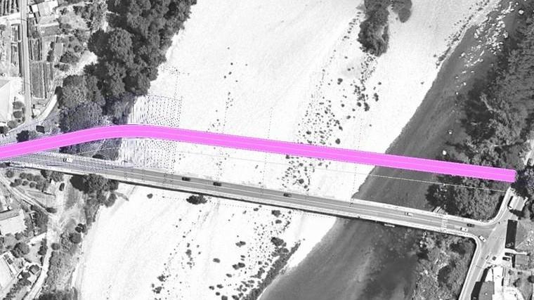 Evidenziato è il tracciato del ponte provvisorio, di fianco al viadotto crollato