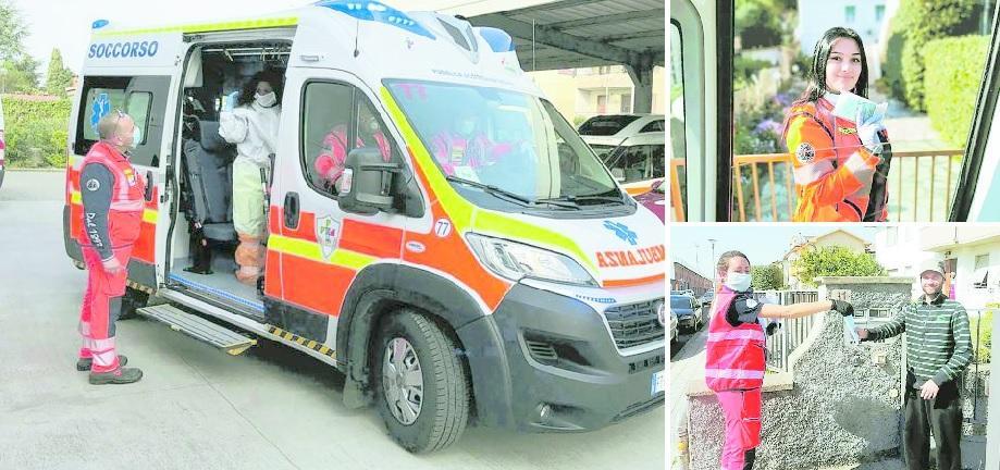 Nella foto grande gli operatori della Pubblica Assistenza di Cecina sull'ambulanza prima di un servizio. Nelle altre immagini due giovani volontarie impegnate nella consegna delle mascherine