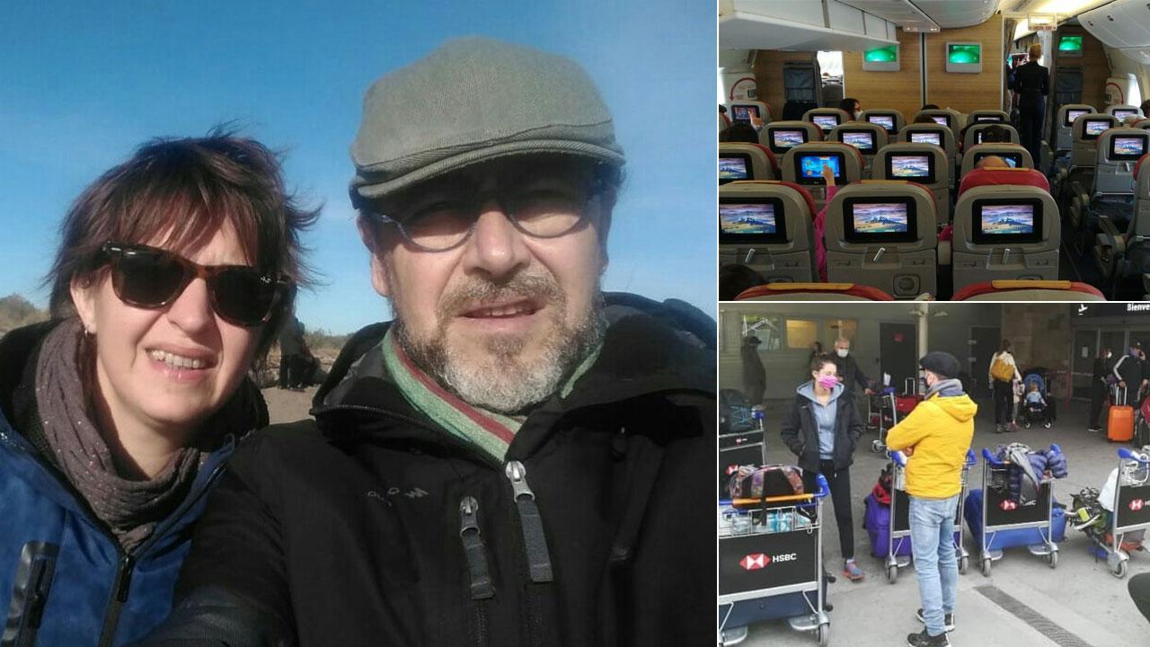 In alto Elisabetta Solito e Hugo Del Balzo, l'aereo che li ha riportati in Italia e l’aeroporto di Buenos Aires
