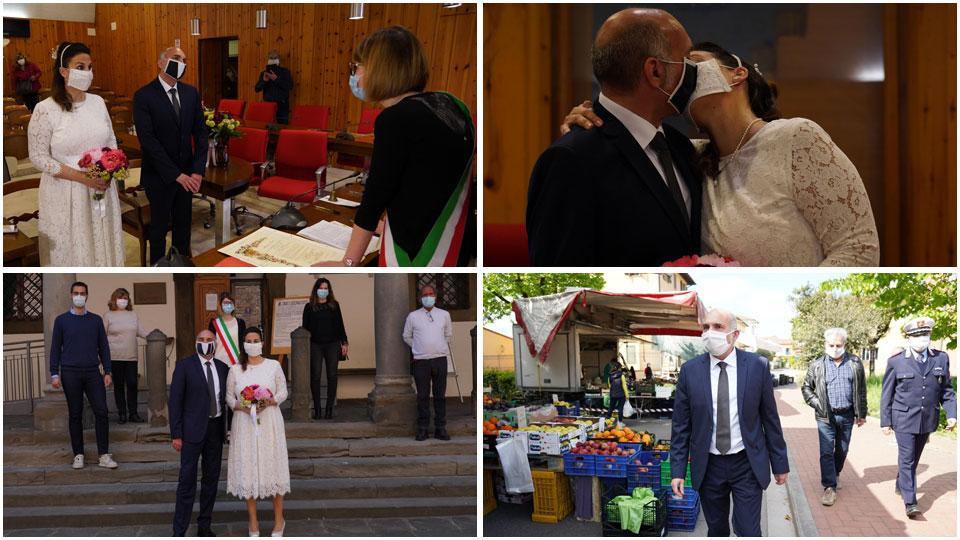 Alcuni momenti del matrimonio e il sindaco al mercato prima della cerimonia