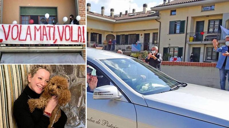 Nella foto grande, il sorriso ritrovato dal babbo di Matilde di fronte ai saluti e agli applausi delle persone che hanno atteso il passaggio del corteo funebre davanti alla sua abitazione. Nelle foto a fianco, Matilde Capecchi con la sua amata cagnolina e, sopra, uno dei tanti striscioni appesi in tutto il paese a balconi e finestre assieme a drappi tempestati di cuori rossi, bandiere dei rioni e palloncini bianchi e rossi (Foto Gori)