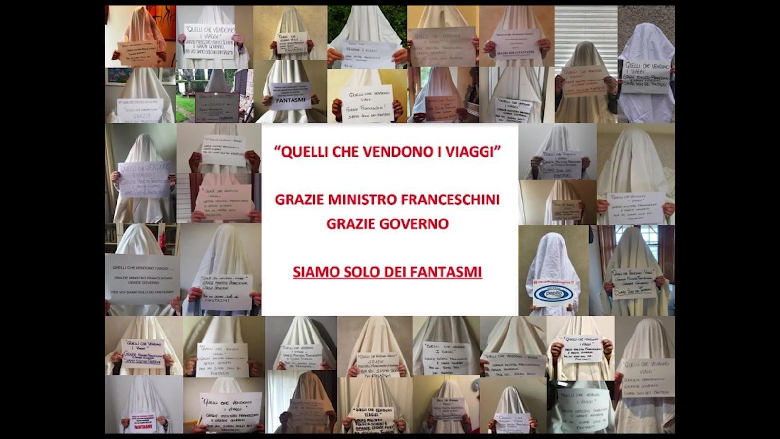 Il manifesto della protesta delle agenzie di viaggi con i titolari coperti da un lenzuolo come fantasmi