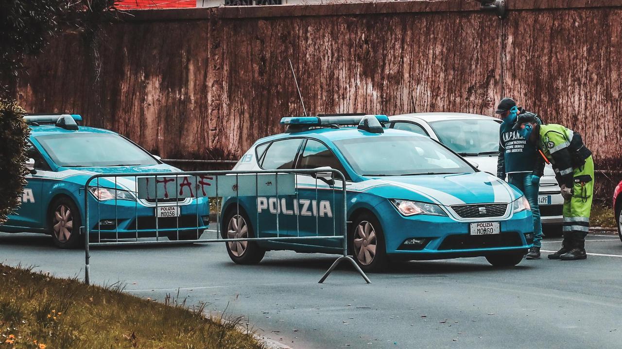 Due volanti della polizia di Stato all'entrata del pronto soccorso (foto Marzi)