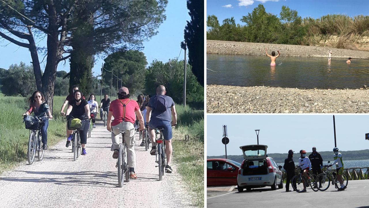 Ciclisti sulla pista ciclabile dietro al Casalone nella prima domenica di “libera uscita”, in alto a destra bambini che fanno il bagno nel fiume alla Steccaia e sotto i controlli della municipale a Orbetello (FOTO RUSSO)