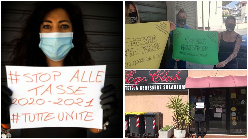 Serrande chiuse e cartelli al vento ieri mattina davanti ai negozi di parrucchieri ed estetiste che protestano chiedendo di poter riaprire le attività prima del 1° giugno
